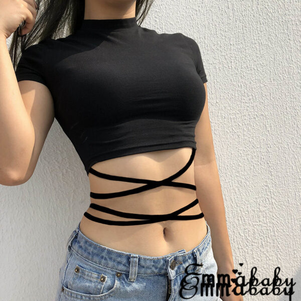 2022 Summer Women Black Short T-Shirts Sexy Crop Tops Short Sleeve Bandage Tee Tops Female Shirts - Image 4