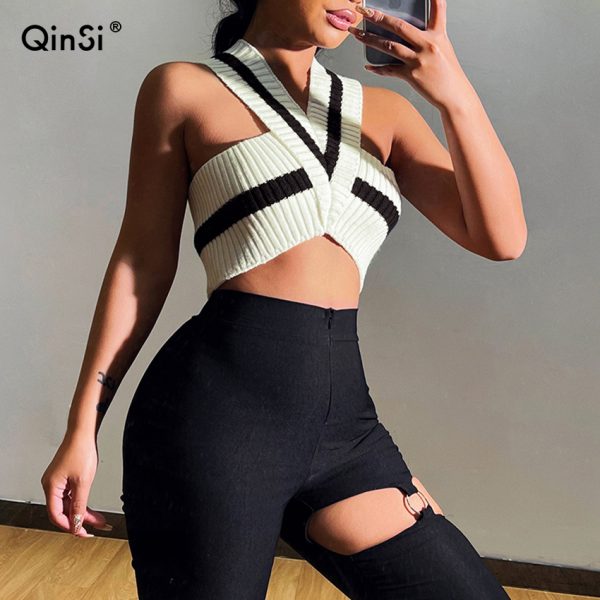 QINSI 2022 Spring Summer Classic Striped Women's Sweater Tank Top Casual Female Sleeveless Halter Neck Camis Tops - Image 6