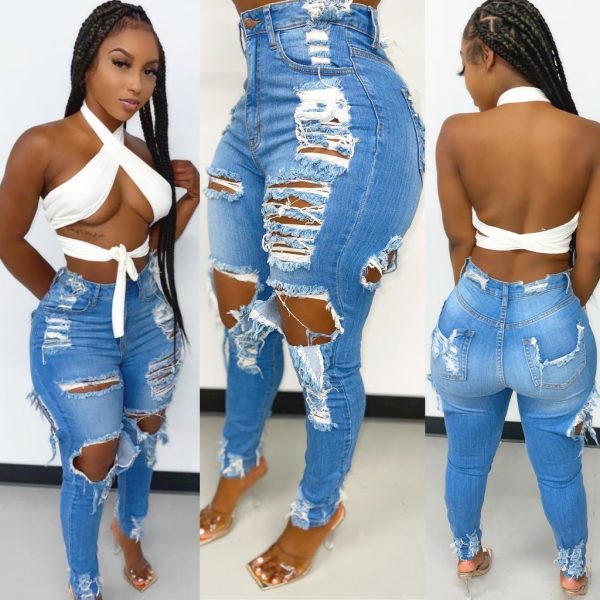 2022 Boutique Lady Trousers Frayed Stretch Pencil Denim Pants Women's Skinny Ripped Jeans - Image 6