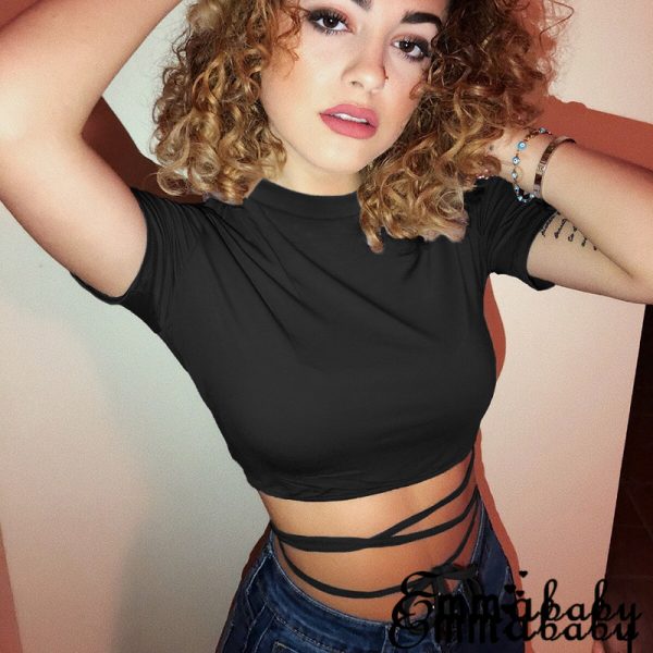 2022 Summer Women Black Short T-Shirts Sexy Crop Tops Short Sleeve Bandage Tee Tops Female Shirts