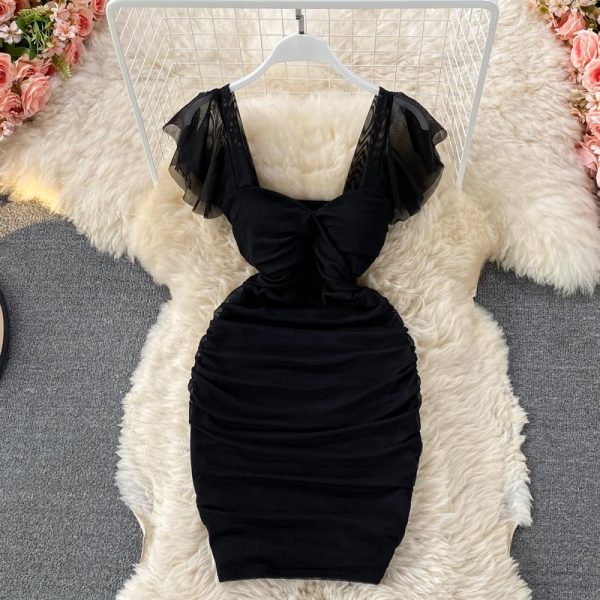 Spring Summer New Arrival Woman French Sexy Bodycon Empire Pleat Square Collar Sheath Short Party Dress For Women - Image 2