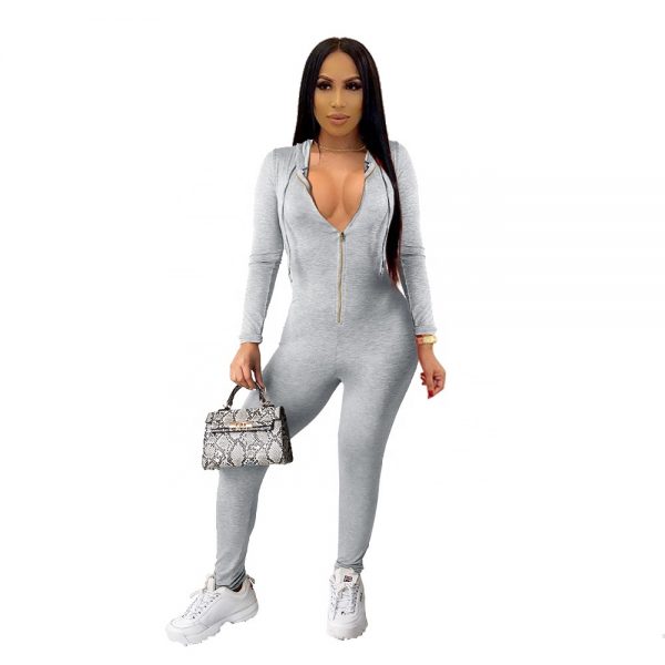 Hot Sale Autumn Women Solid Color Zip Front Long Sleeve Hoodie One Piece Jumpsuit - Image 3