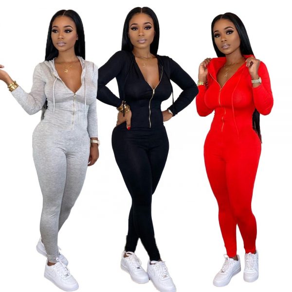 Hot Sale Autumn Women Solid Color Zip Front Long Sleeve Hoodie One Piece Jumpsuit - Image 6