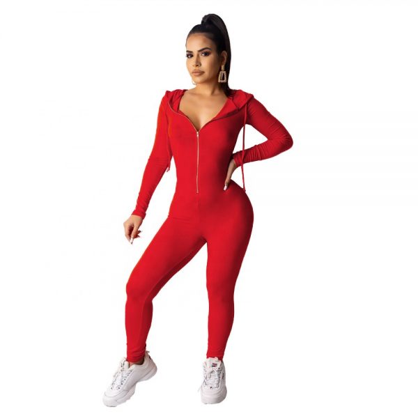 Hot Sale Autumn Women Solid Color Zip Front Long Sleeve Hoodie One Piece Jumpsuit - Image 5