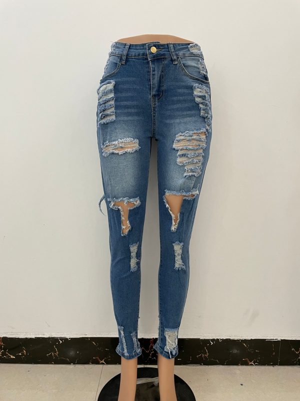 2022 Boutique Lady Trousers Frayed Stretch Pencil Denim Pants Women's Skinny Ripped Jeans - Image 4