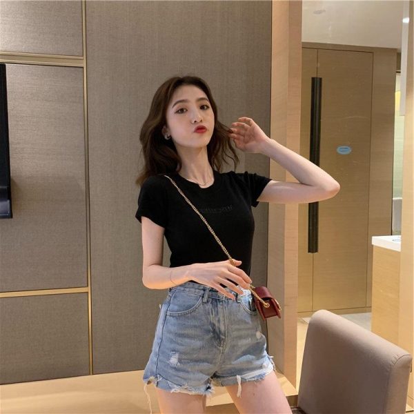 Wholesale Summer New Alphabet Embroidery Slim Fitting T-shirt Female Student Top Foreign Trade Women's Tee Shirt