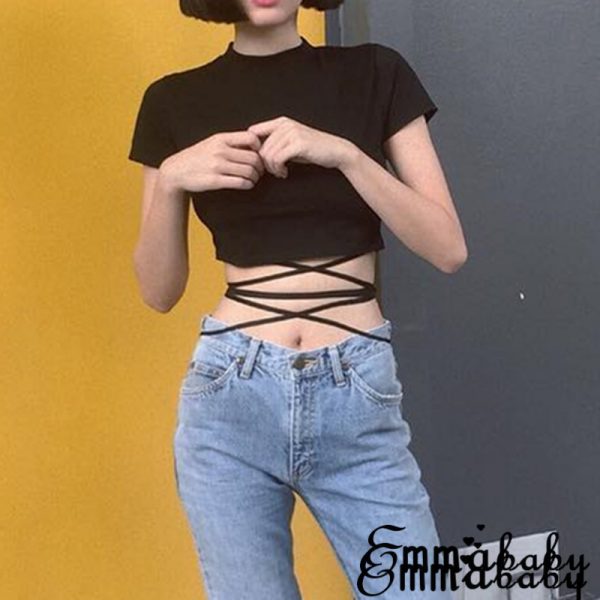 2022 Summer Women Black Short T-Shirts Sexy Crop Tops Short Sleeve Bandage Tee Tops Female Shirts - Image 3