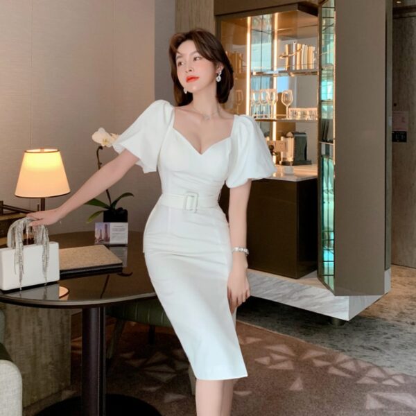 ZYHT 4234 New Arrival 2022 Ladies Puff Sleeve Slim Slit Dress White Casual Elegant Dresses for Women