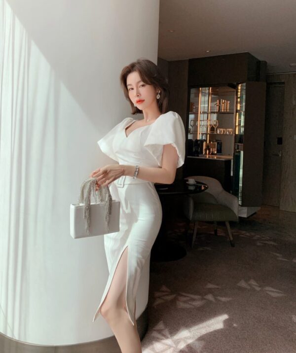 ZYHT 4234 New Arrival 2022 Ladies Puff Sleeve Slim Slit Dress White Casual Elegant Dresses for Women - Image 4