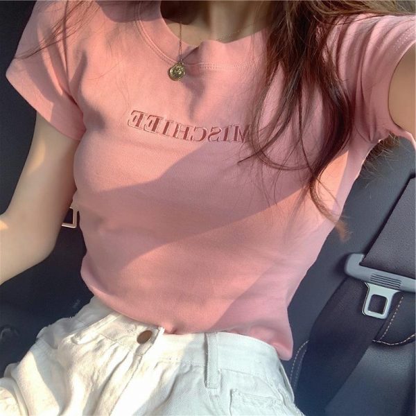 Wholesale Summer New Alphabet Embroidery Slim Fitting T-shirt Female Student Top Foreign Trade Women's Tee Shirt - Image 5