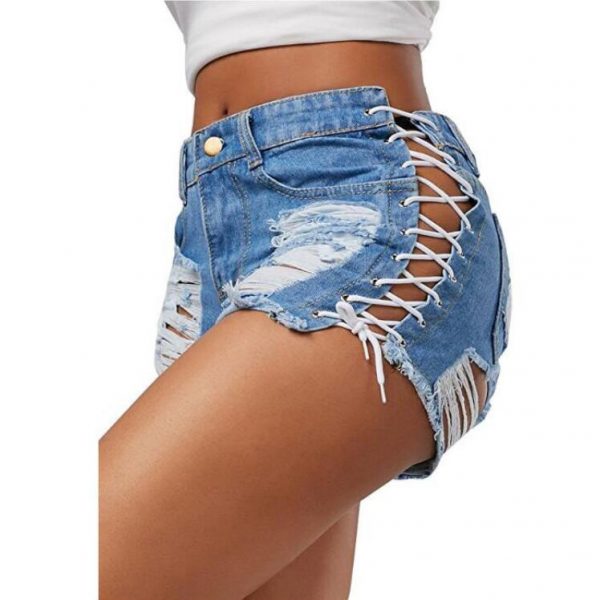 Sexy Summer Women Denim Shorts Black Blue Ripped Short Jeans Femme Tassel Lace Up Bandage Hotpants C12954 - Image 6