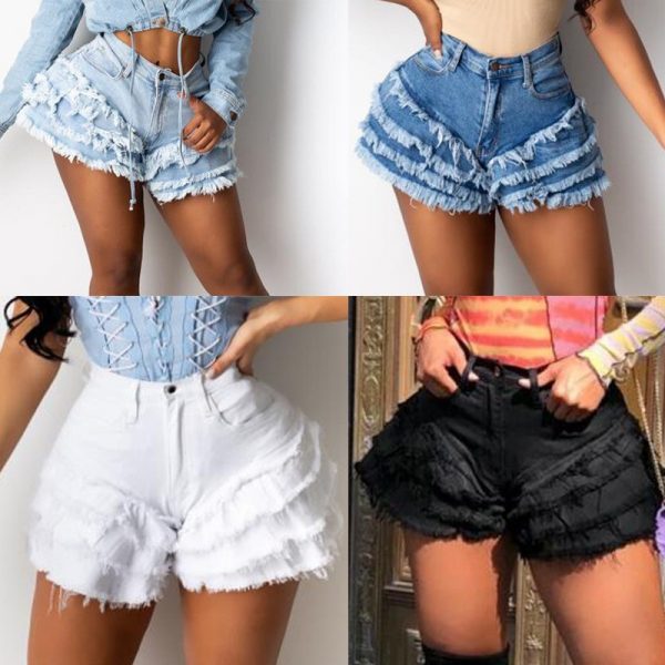 2022 New Trendy Solid Bodycon Ruffle Denim Shorts For Women Summer Short Jean Shorts Women