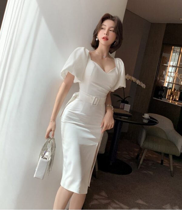 ZYHT 4234 New Arrival 2022 Ladies Puff Sleeve Slim Slit Dress White Casual Elegant Dresses for Women - Image 2