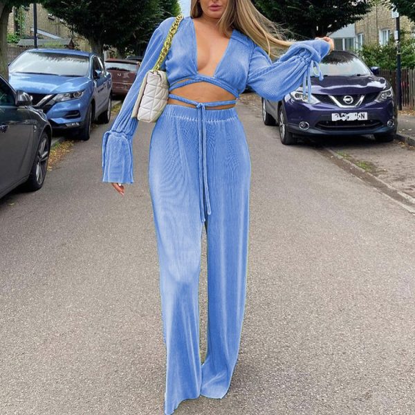 Fast Shipping 2022 Spring 2 Pieces Elastic Waist Trousers Matching Sets Lace Up Crop Tops Green Pleated Fall Outfit For Women - Image 2