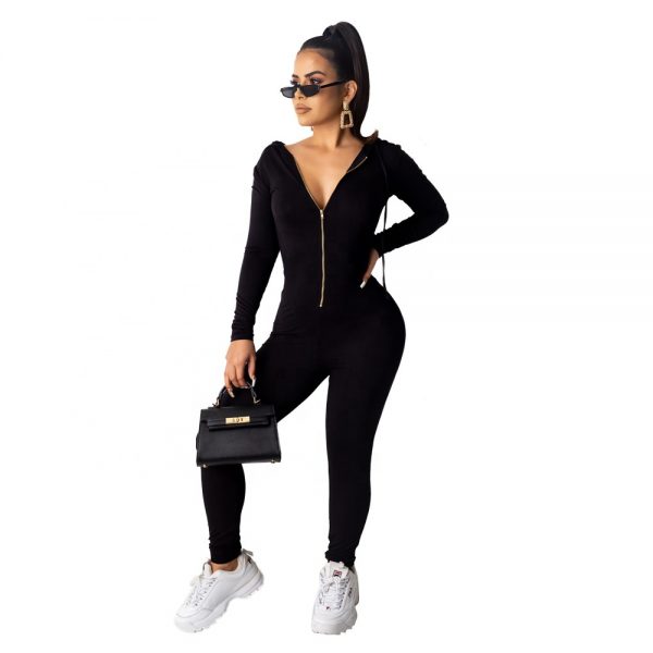 Hot Sale Autumn Women Solid Color Zip Front Long Sleeve Hoodie One Piece Jumpsuit - Image 4