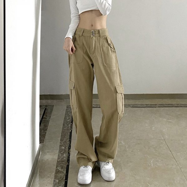 Cotton Low Rise Khaki Jeans Women 2000s Aesthetic Casual Cargo Pants Capris Pockets Streetwear Fashion Denim Trousers