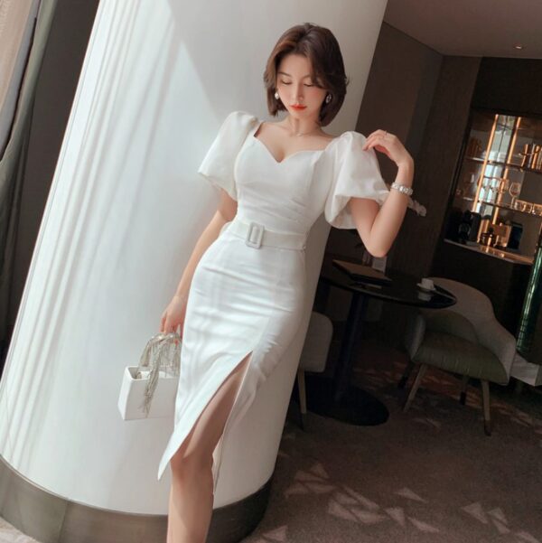 ZYHT 4234 New Arrival 2022 Ladies Puff Sleeve Slim Slit Dress White Casual Elegant Dresses for Women - Image 6