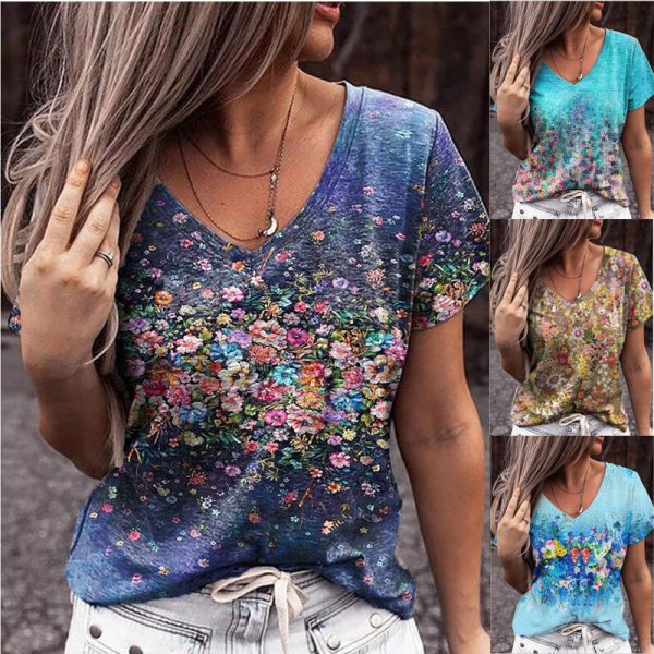 Summer Women Casual Tee Short Sleeve T-Shirts Flower Print Street Tops Female V-Neck Loose Plus Size Top Pullover - Image 5