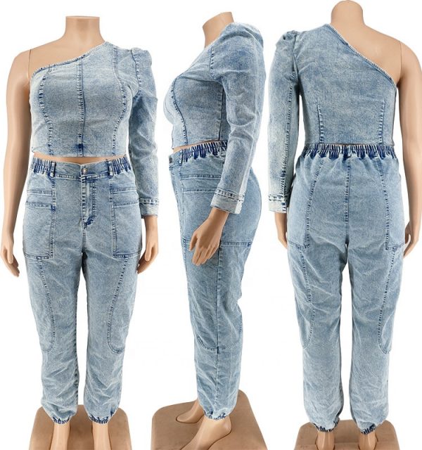 Latest denim 2 piece set women slant shoulder single sleeve denim top 2 piece jean set large size denim jean two piece sets - Image 4