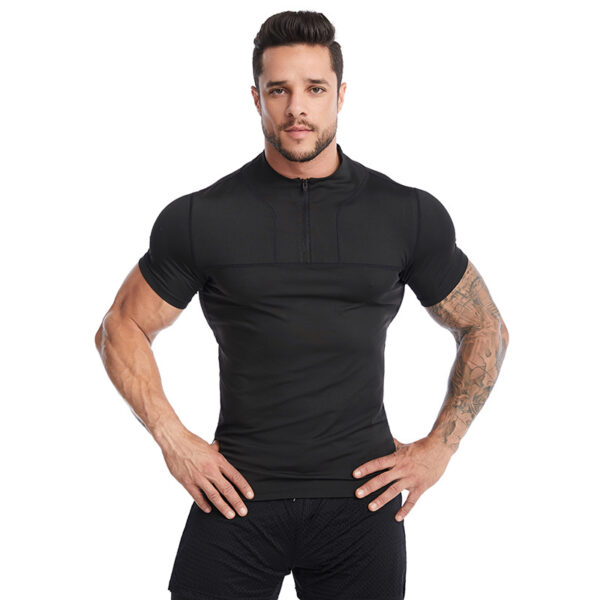 Breathable Zipper Comfortable Exercise fabrics Short High Elastic Summer High collar Men Short Sleeve Tops