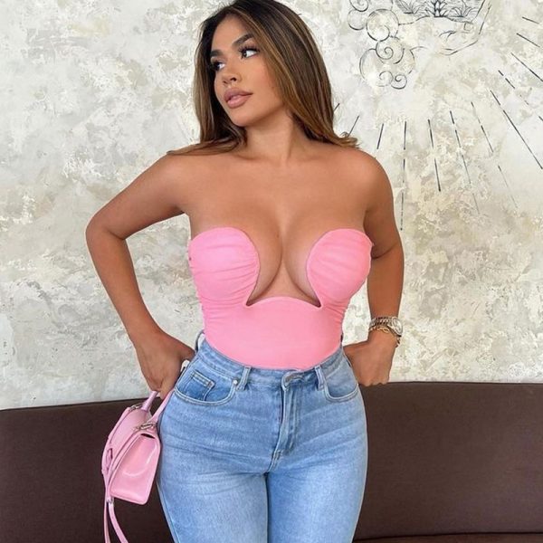 Summer Women Sexy Off The Shoulder Backless Wired Girls Tube Top Shirt Pop Shirred - Image 2