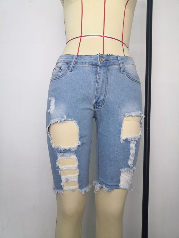 5012-01# Ladies Denim Jeans Casual Plain Dyed High Waist Ripped Jeans Short Jeans Pants For Woman - Image 5