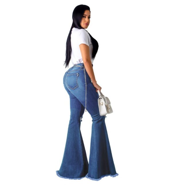 fashion hole ripped denim flare pants wide leg women high bell bottoms jeans - Image 3