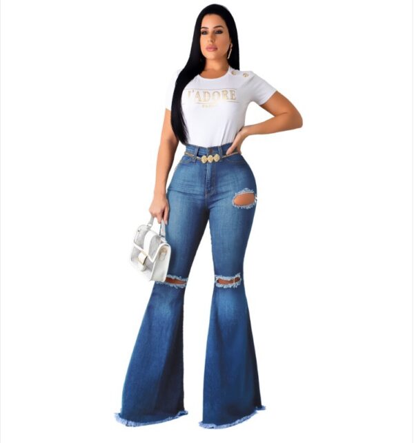 fashion hole ripped denim flare pants wide leg women high bell bottoms jeans - Image 2