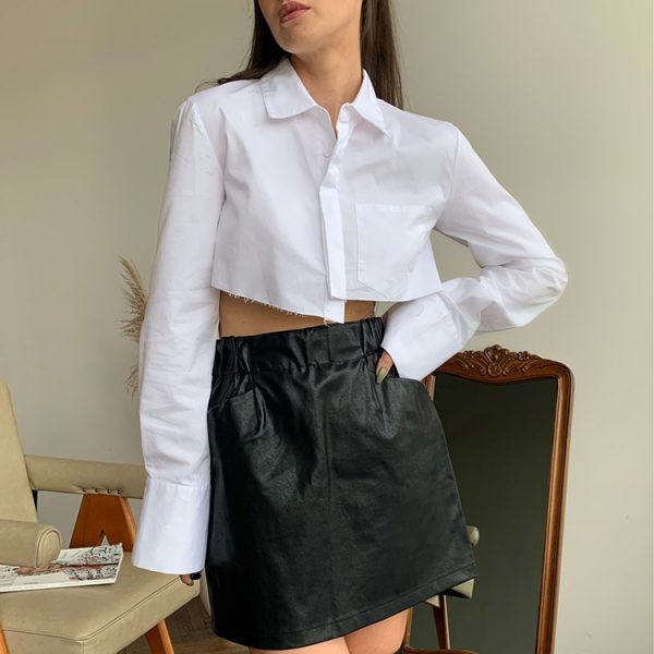 Fast Dispatch Instock Blusa Clothing S-XL Blouse Black White Irregular Designs Crop Top Turn Down Collar Shirts For Women Blouse - Image 2