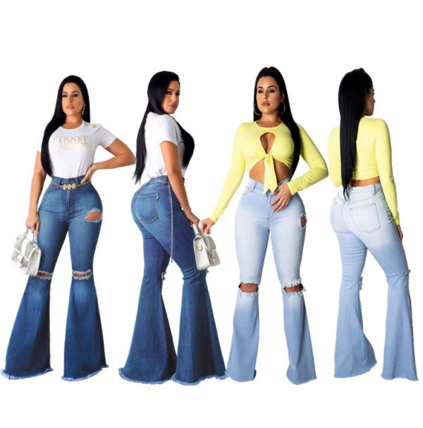 fashion hole ripped denim flare pants wide leg women high bell bottoms jeans - Image 6