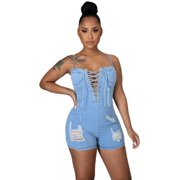 Summer blue ripped sexy short feminino jeans distressed corset shorts romper women denim jumpsuit - Image 5