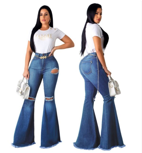 fashion hole ripped denim flare pants wide leg women high bell bottoms jeans