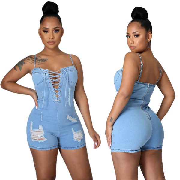 Summer blue ripped sexy short feminino jeans distressed corset shorts romper women denim jumpsuit - Image 6