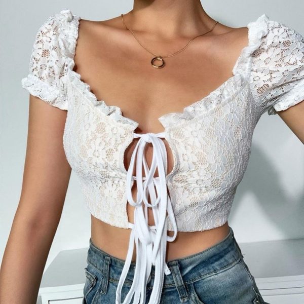 Shirt women lace blouses crop tops sexy short sleeve tees - Image 2