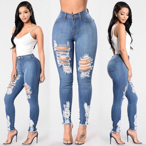 Wholesale Dark Blue Ladies Jean Women Destroyed Skinny Denim Jeans High Waist Women Pants C13269 - Image 6