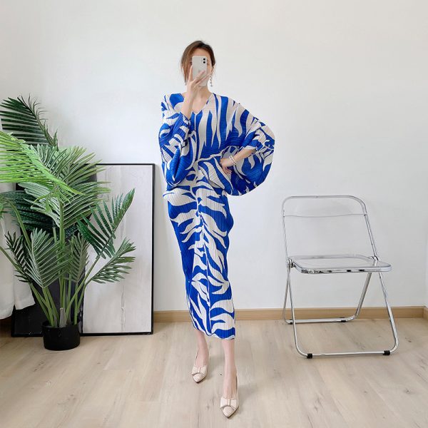 FXZ miyake pleated dress loose V-neck 2022 spring summer printing large size long pleats please dress women