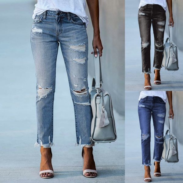 AIPA Fashion Style Women Casual Distressed Boyfriend Denim Pants Straight-leg Jeans Ripped Jeans