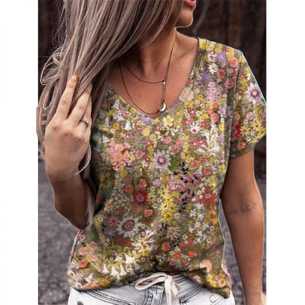 Summer Women Casual Tee Short Sleeve T-Shirts Flower Print Street Tops Female V-Neck Loose Plus Size Top Pullover