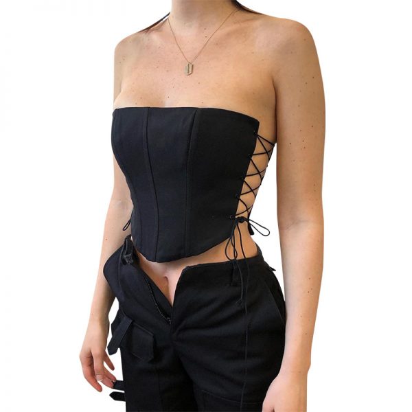 Sleeveless Fashion Strapless Bustier Corset Crop Tops Female Drawstring Backless Black Women Tops Summer 2021 - Image 3