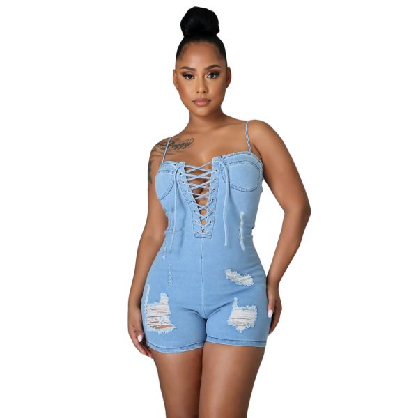 Summer blue ripped sexy short feminino jeans distressed corset shorts romper women denim jumpsuit - Image 3