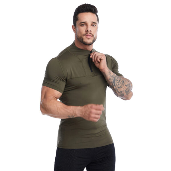 Breathable Zipper Comfortable Exercise fabrics Short High Elastic Summer High collar Men Short Sleeve Tops - Image 3