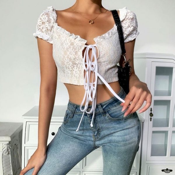 Shirt women lace blouses crop tops sexy short sleeve tees - Image 3