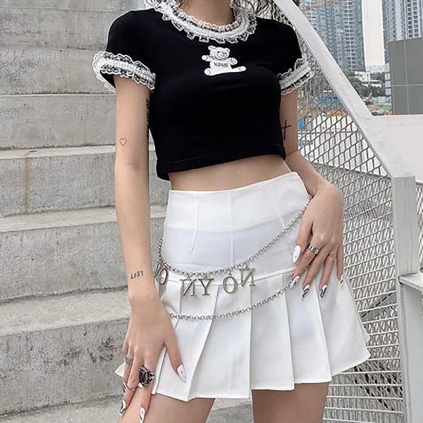 Gothic Crop T-Shirts 2021 Summer Harajuku Kawaii Cute Bear Print Lace T-shirts Sexy Mall Goth Top Emo Black Clothing Tees - Image 2