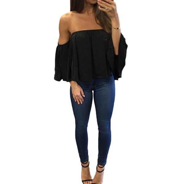 Women Summer Off the Shoulder Blouses Short Sleeves Sexy Tops Chiffon Ruffles Loose Crop Top Casual Tee Beach Clothing T Shirt - Image 3