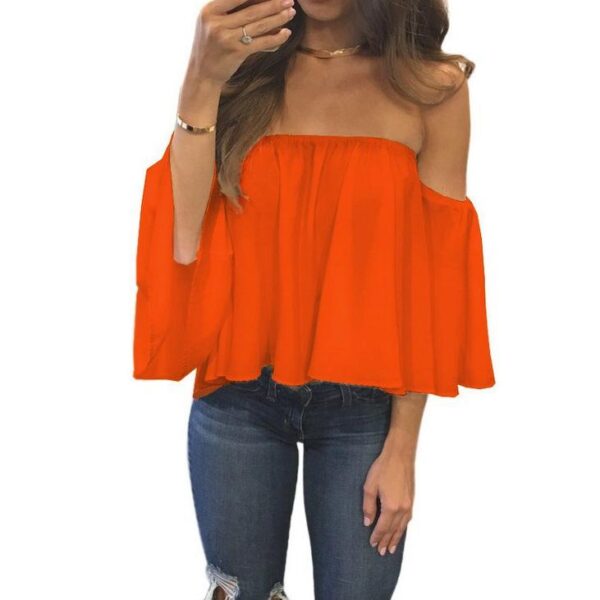 Women Summer Off the Shoulder Blouses Short Sleeves Sexy Tops Chiffon Ruffles Loose Crop Top Casual Tee Beach Clothing T Shirt - Image 2