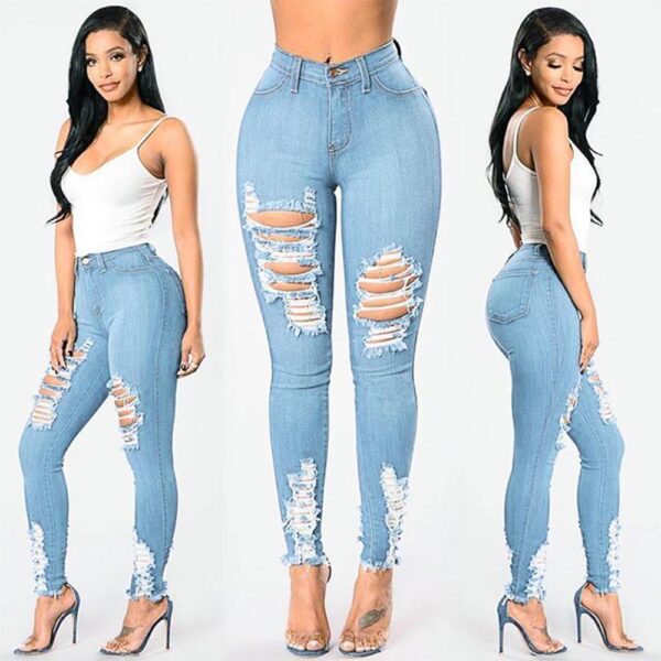 Wholesale Dark Blue Ladies Jean Women Destroyed Skinny Denim Jeans High Waist Women Pants C13269 - Image 3