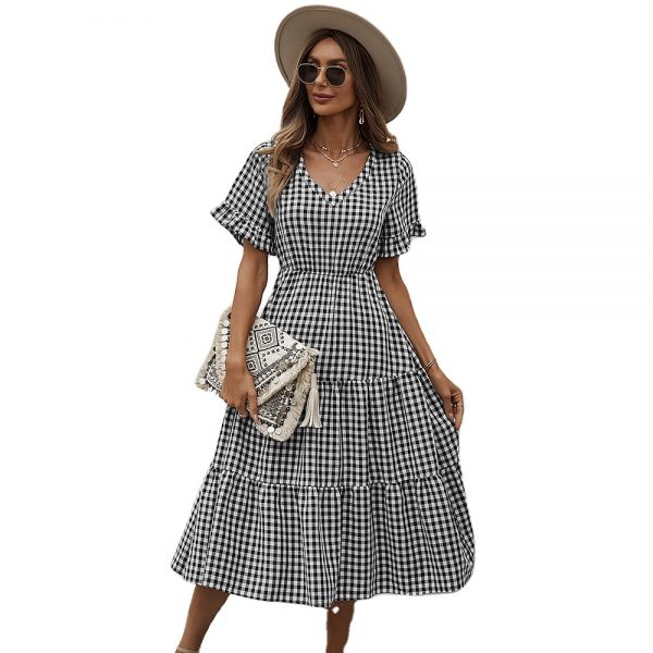 Plaid Dress 2022 spring and summer sexy big swing skirt - Image 6