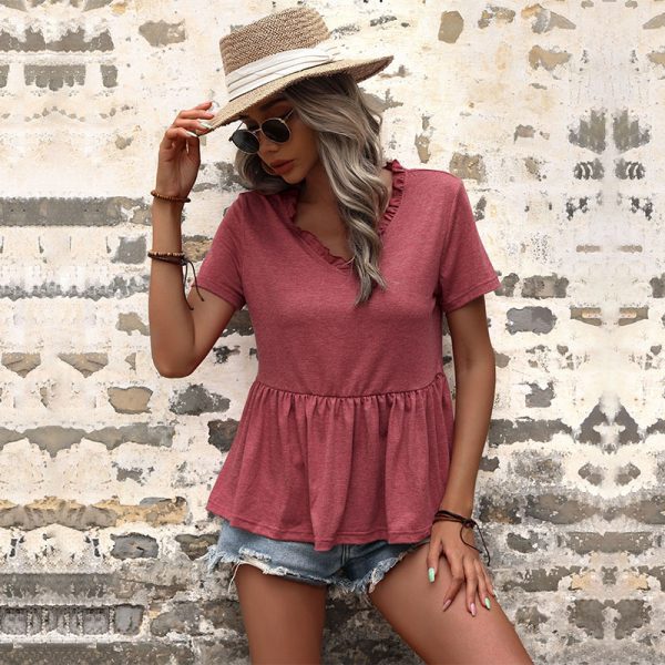 Latest arrivals 2022 summer ladies burgundy t shirt female solid short sleeve ruffles loose tee shirt women casual t shirt - Image 6