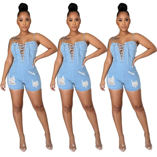 Summer blue ripped sexy short feminino jeans distressed corset shorts romper women denim jumpsuit