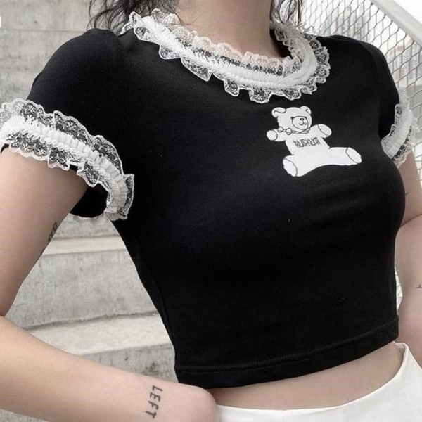 Gothic Crop T-Shirts 2021 Summer Harajuku Kawaii Cute Bear Print Lace T-shirts Sexy Mall Goth Top Emo Black Clothing Tees - Image 6